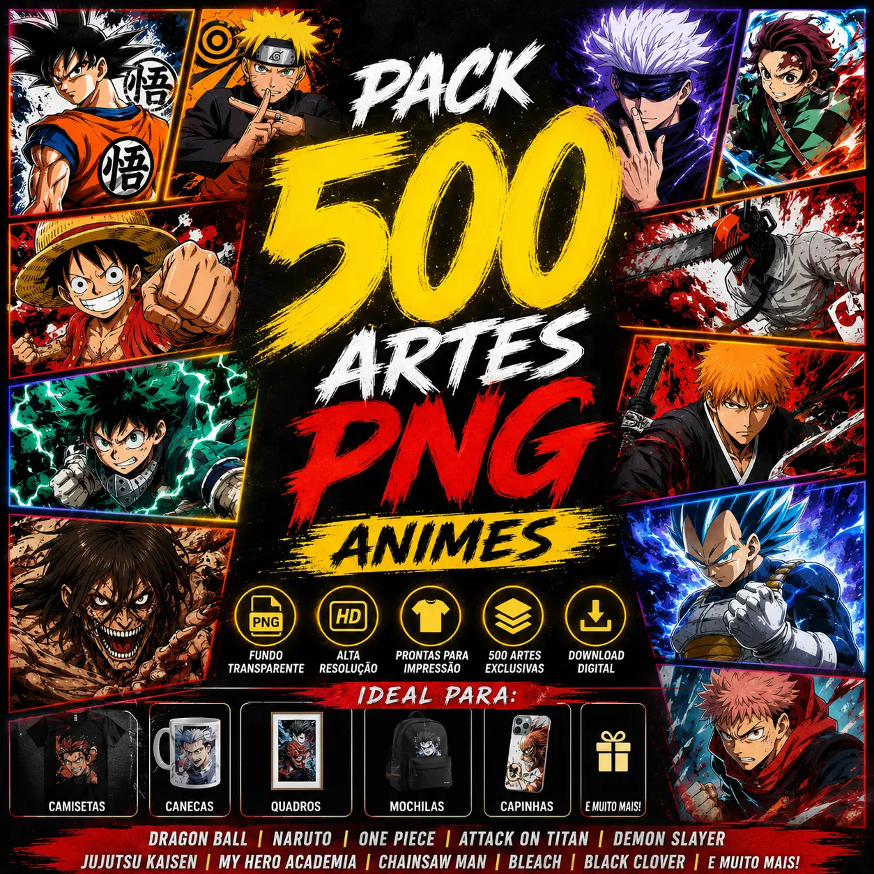 Pack 500 Artes PNG Anime | Fundo Transparente | Alta Resolução | Estampas para Camisetas, Canecas, DTF e Sublimação | Download Digital